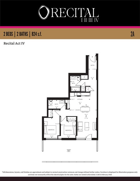 Floor plan for 2 beds, 2 baths, 824 sqft